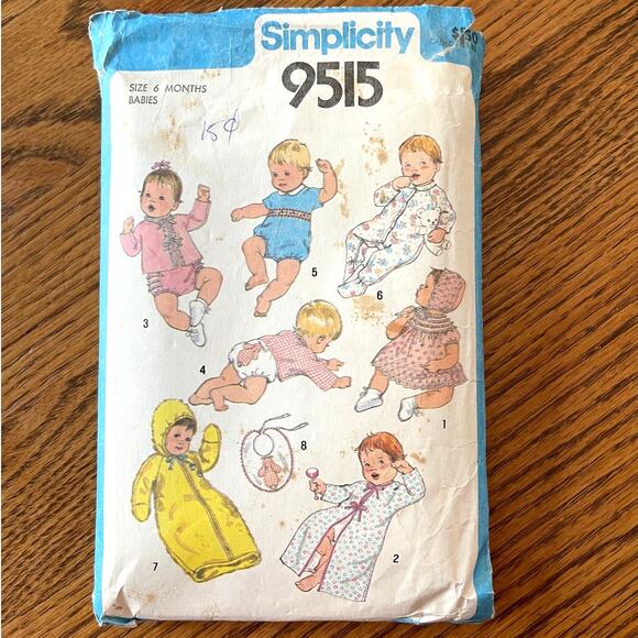 Vintage 1980s Simplicity 9515 Sewing Pattern Size 6 Months Baby Clothes COMPLETE - Picture 1 of 2